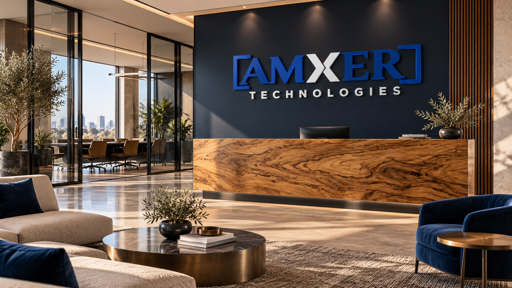 تصور معماري لمكتب استقبال فاخر يحمل شعار AMXER Technologies